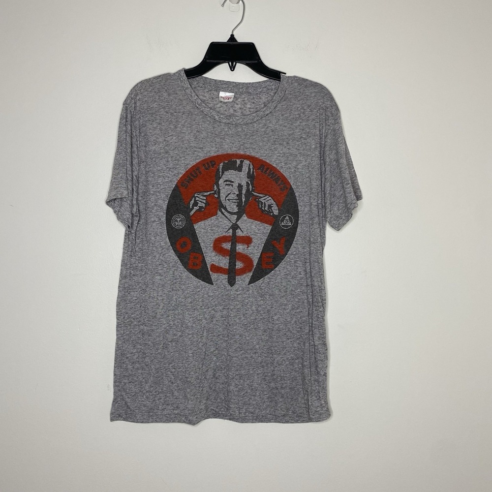 Obey Shut Up Always Obey Graphic Lightweight T Shirt Mens M Gray Streetwear